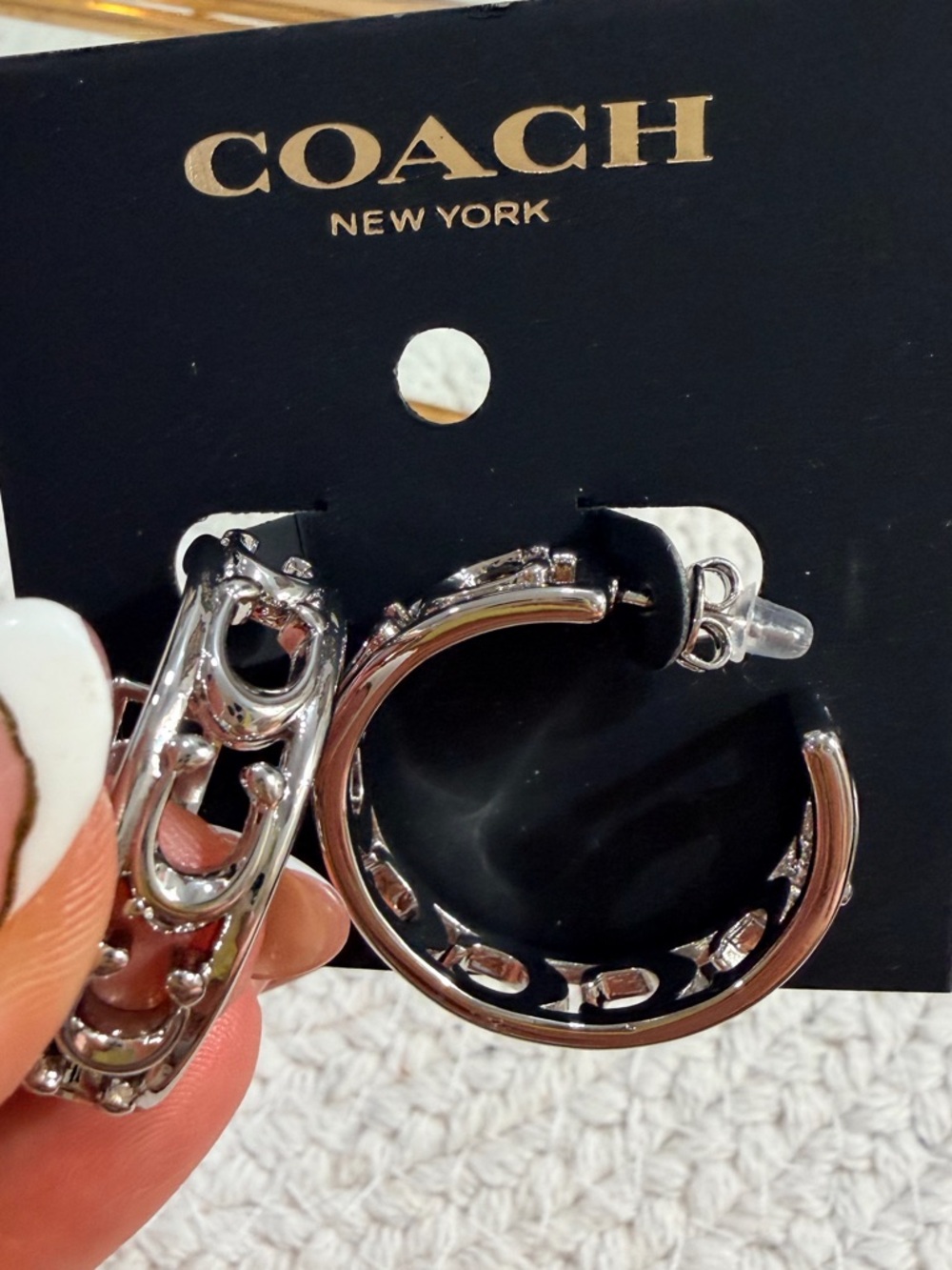 COACH SILVER 1 1/4" Signature Hoop Earrings on Card w/Tag - New✨
